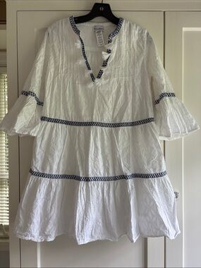 Tommy Bahama White Tiered Cotton Tunic with Navy Trim Size XS